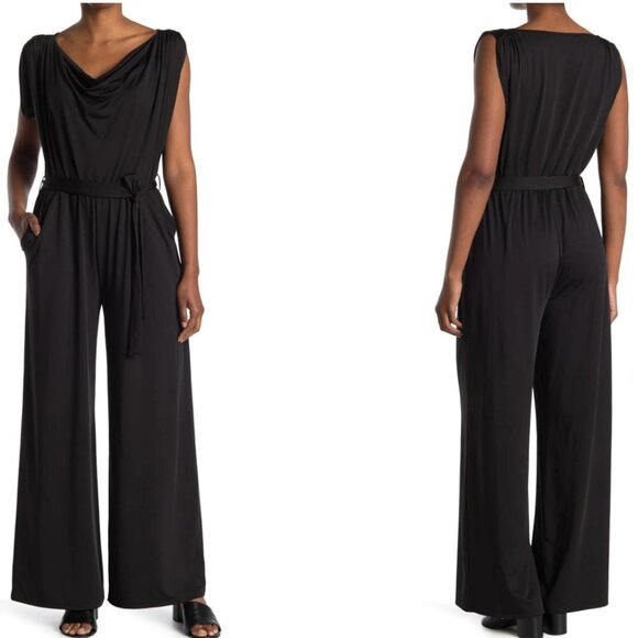 Love By Design Cap Sleeve Cowl Neck Tie Waist Jumpsuit - Black - size 1X - Picture 8 of 8